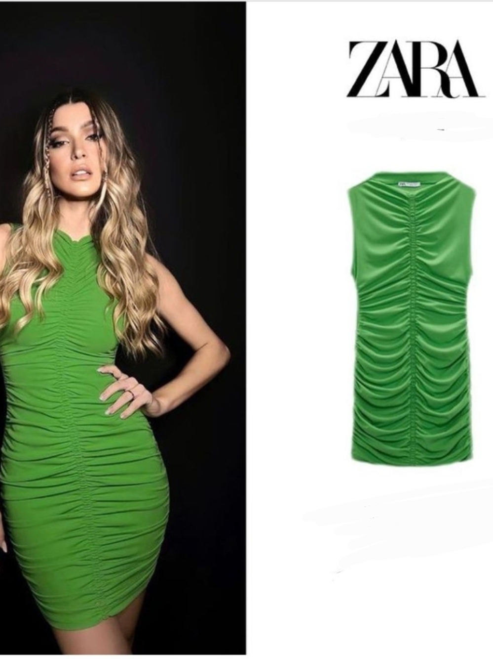 ZARA Bright Green Ruched Sleeveless Mini Dress
